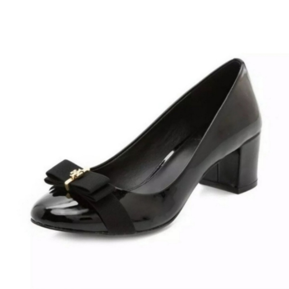 Tory Burch Black Patent Leather Trudy Block Heels.